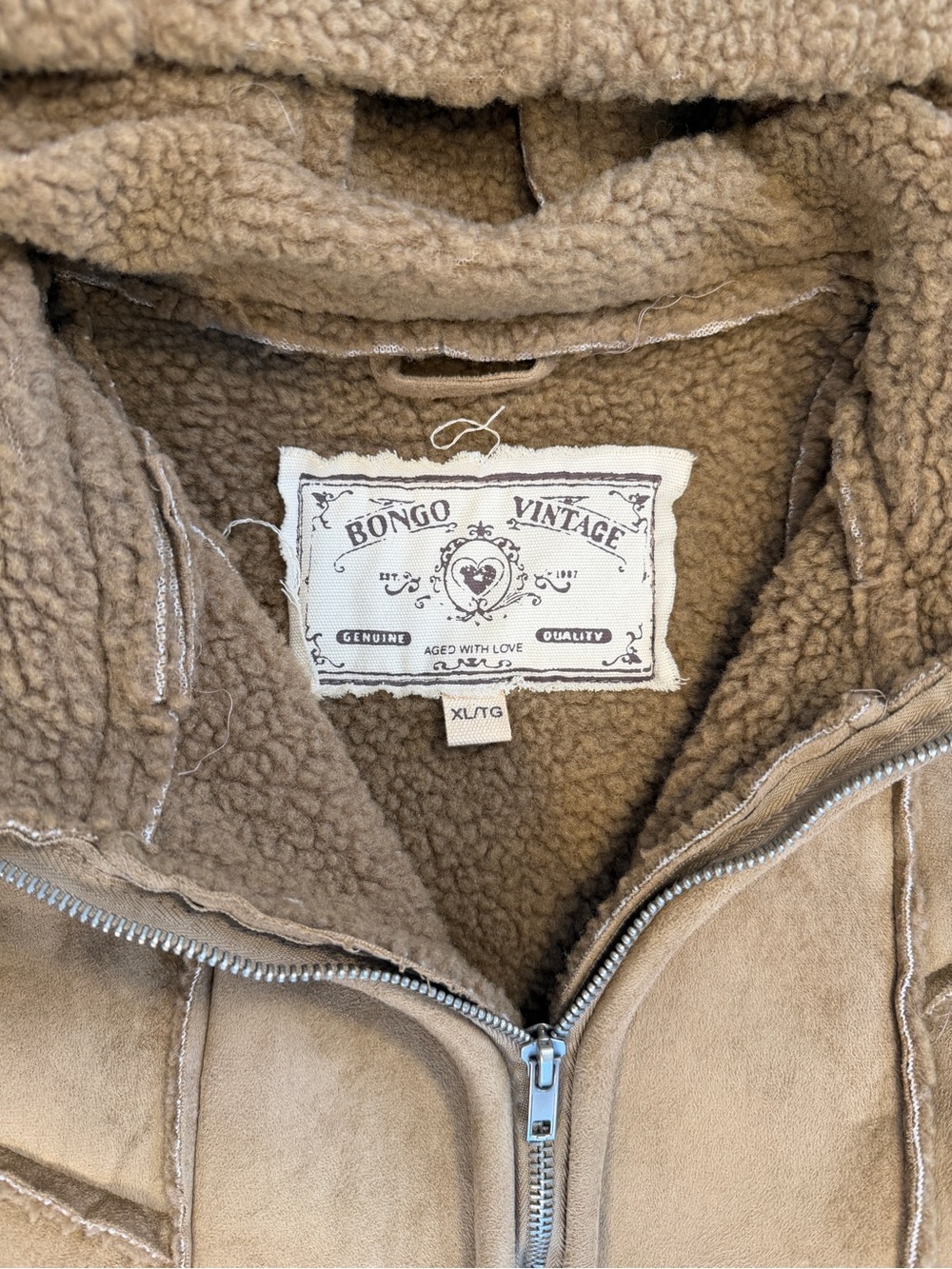 Y2K Bongo Faux Suede Sherpa Hooded Jacket Women’s XL Brown Shearling Zip Up - Picture 3 of 4